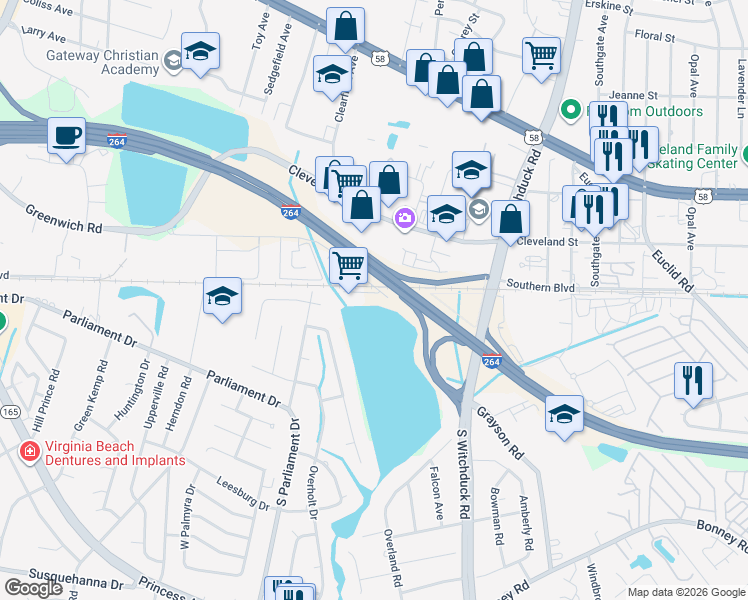 map of restaurants, bars, coffee shops, grocery stores, and more near 5263 Greenwich Road in Virginia Beach