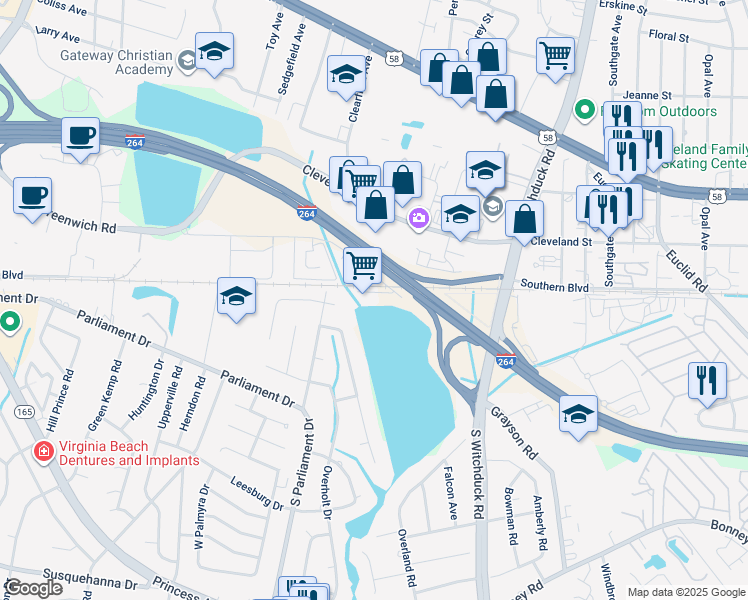 map of restaurants, bars, coffee shops, grocery stores, and more near 5267 Greenwich Road in Virginia Beach