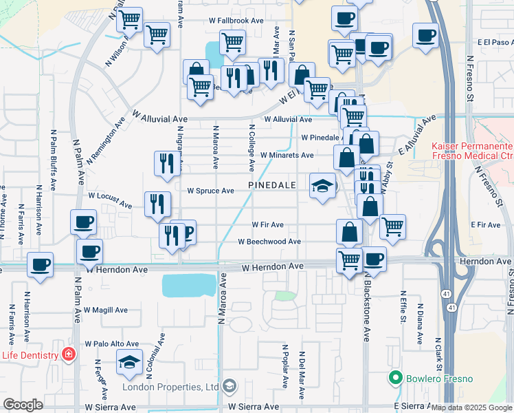 map of restaurants, bars, coffee shops, grocery stores, and more near 294 West Locust Avenue in Fresno