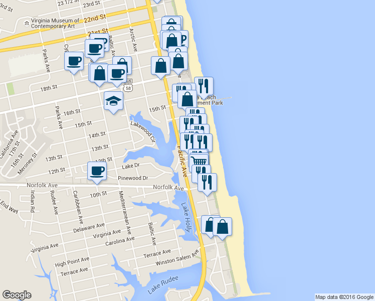 map of restaurants, bars, coffee shops, grocery stores, and more near 204 12th Street in Virginia Beach
