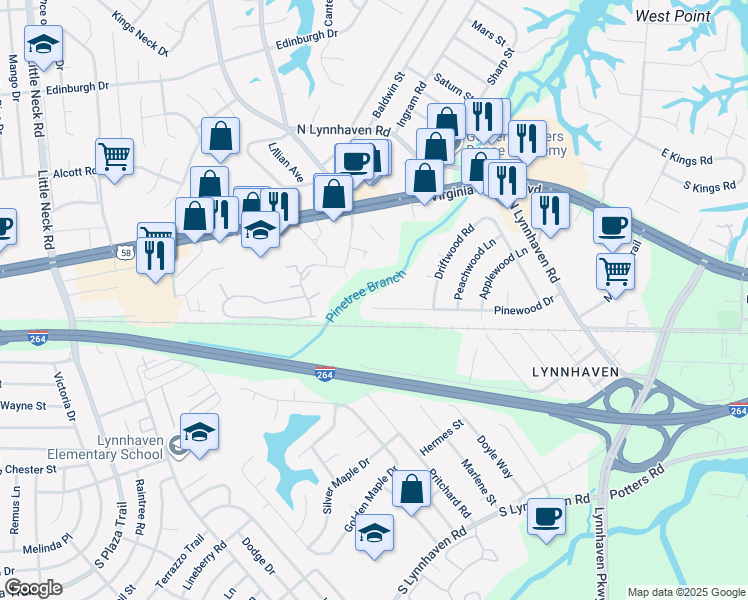 map of restaurants, bars, coffee shops, grocery stores, and more near 3024 Pinewood Drive in Virginia Beach