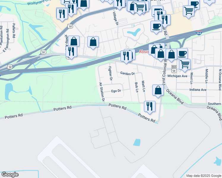 map of restaurants, bars, coffee shops, grocery stores, and more near 1842 Ego Drive in Virginia Beach