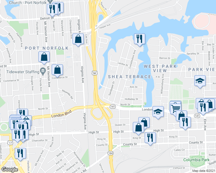 map of restaurants, bars, coffee shops, grocery stores, and more near 247 Plover Drive in Portsmouth