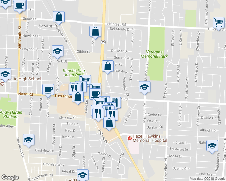 map of restaurants, bars, coffee shops, grocery stores, and more near 650 Calais Drive in Hollister