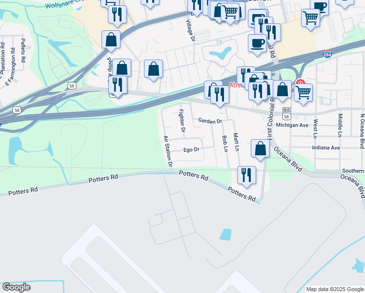 map of restaurants, bars, coffee shops, grocery stores, and more near 1842 Ego Drive in Virginia Beach