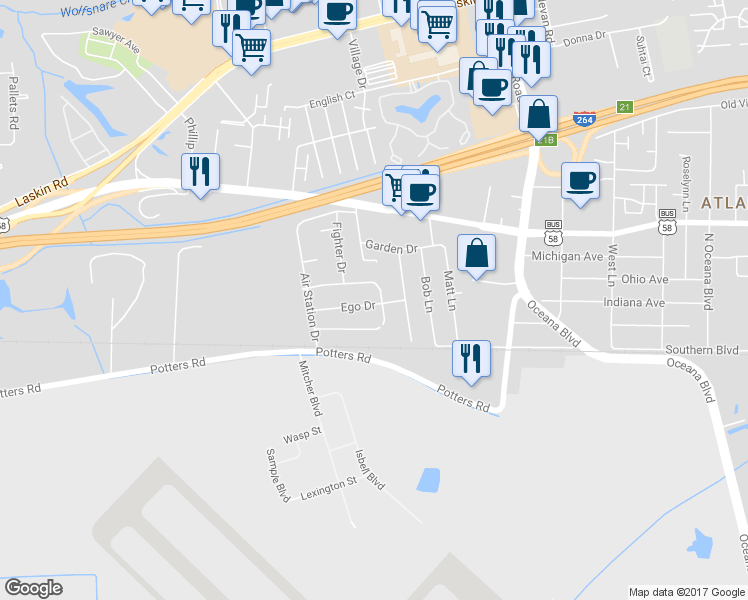 map of restaurants, bars, coffee shops, grocery stores, and more near 1813 North Streamline Drive in Virginia Beach