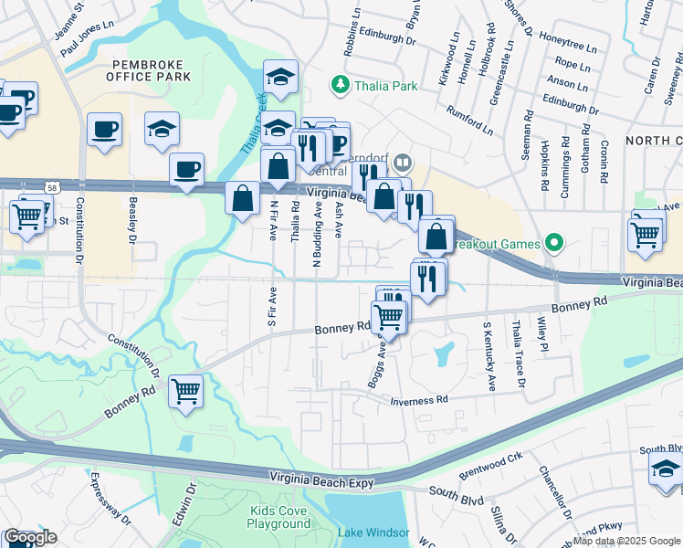 map of restaurants, bars, coffee shops, grocery stores, and more near 4250 Thalia Station Circle in Virginia Beach