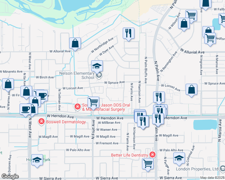 map of restaurants, bars, coffee shops, grocery stores, and more near 7087 North Thorne Avenue in Fresno