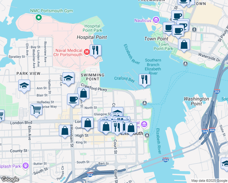 map of restaurants, bars, coffee shops, grocery stores, and more near 277 Crawford Parkway in Portsmouth