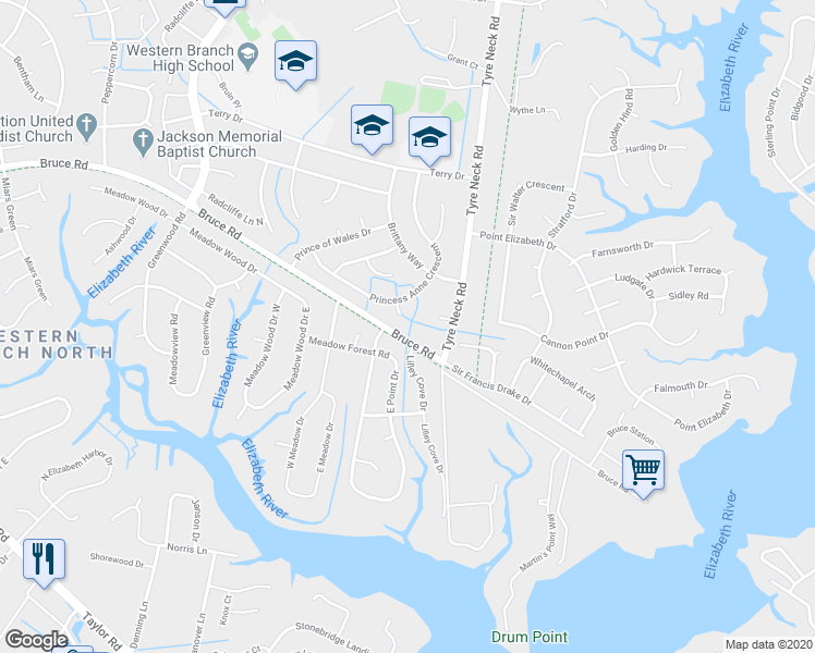 map of restaurants, bars, coffee shops, grocery stores, and more near 2909 Princess Anne Court in Chesapeake
