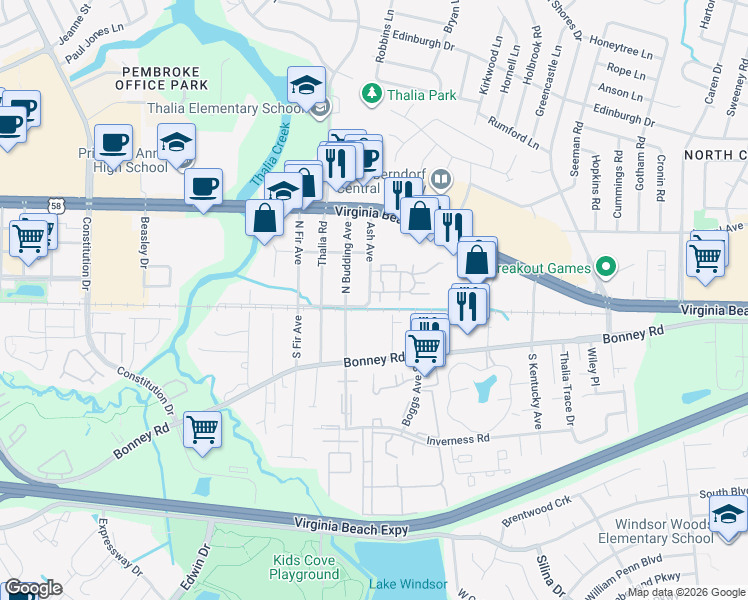 map of restaurants, bars, coffee shops, grocery stores, and more near 4250 Thalia Station Circle in Virginia Beach