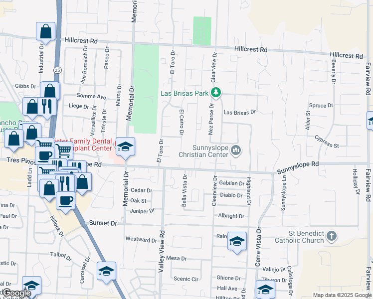map of restaurants, bars, coffee shops, grocery stores, and more near 1421 El Cerro Drive in Hollister