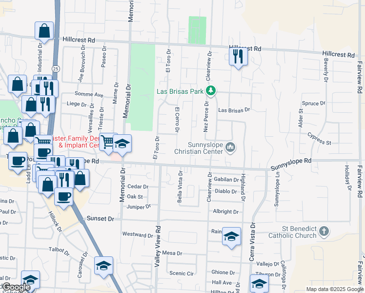 map of restaurants, bars, coffee shops, grocery stores, and more near 1421 El Cerro Drive in Hollister