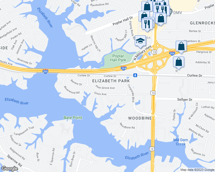 map of restaurants, bars, coffee shops, grocery stores, and more near 5420 Pine Grove Avenue in Norfolk