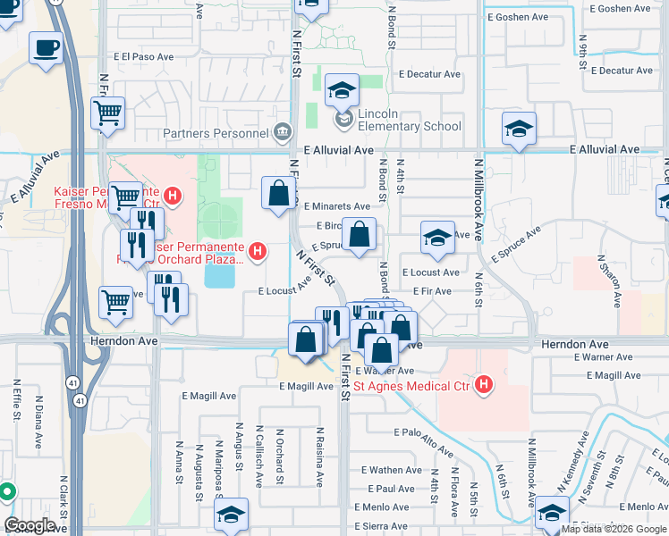 map of restaurants, bars, coffee shops, grocery stores, and more near 761 East Locust Avenue in Fresno