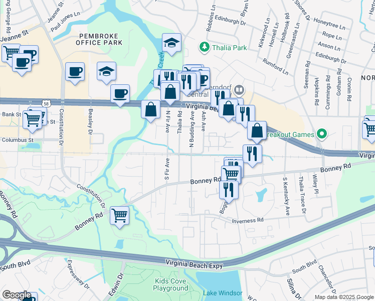 map of restaurants, bars, coffee shops, grocery stores, and more near 103 North Budding Avenue in Virginia Beach