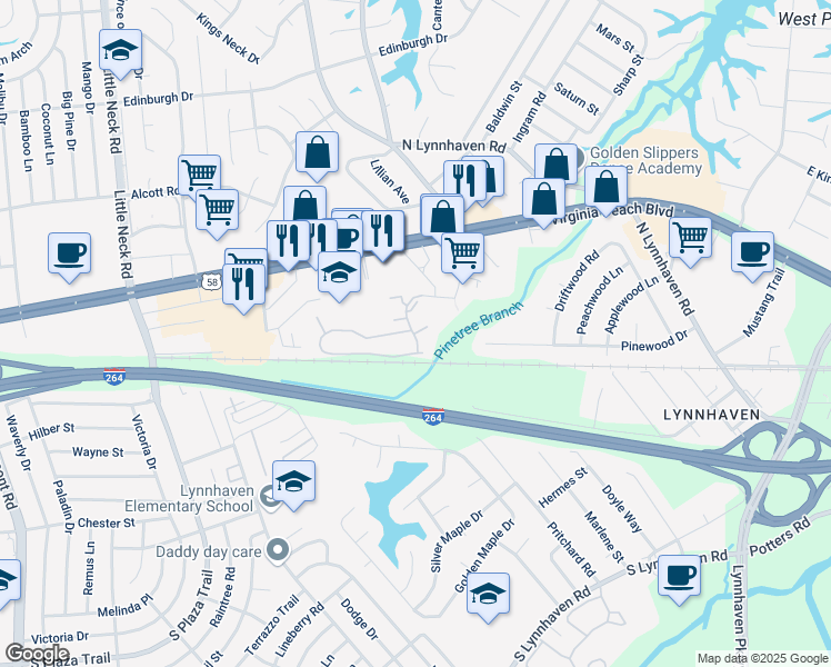 map of restaurants, bars, coffee shops, grocery stores, and more near 3313 Rightmier Place in Virginia Beach