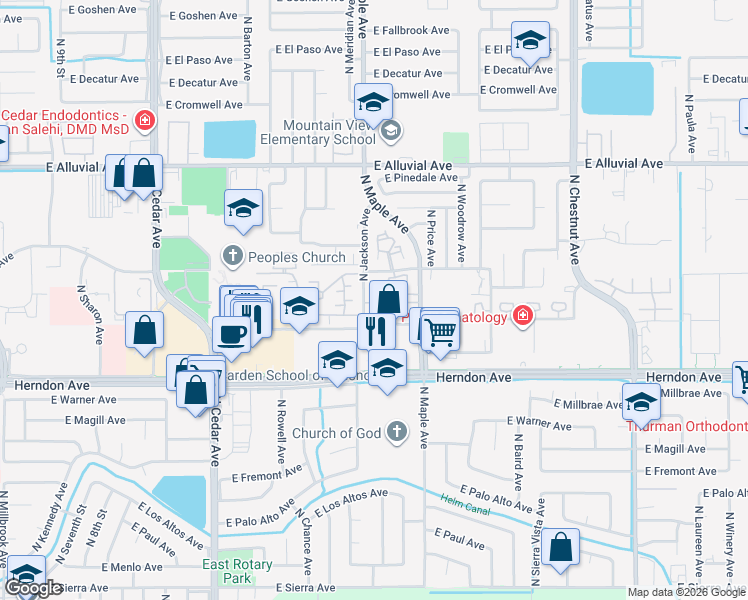 map of restaurants, bars, coffee shops, grocery stores, and more near 7178 North Jackson Avenue in Fresno