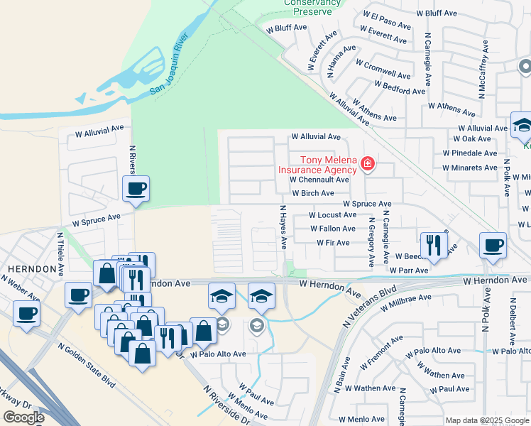 map of restaurants, bars, coffee shops, grocery stores, and more near 6161 West Spruce Avenue in Fresno