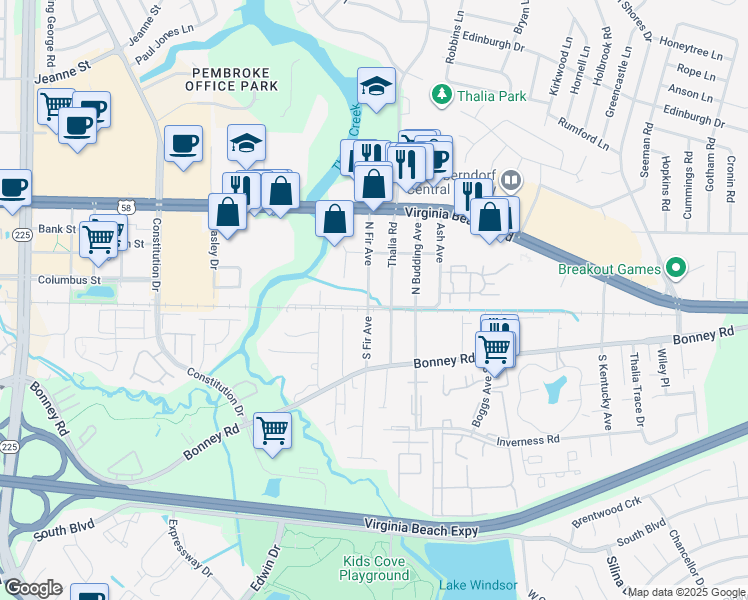 map of restaurants, bars, coffee shops, grocery stores, and more near 100 North Fir Avenue in Virginia Beach