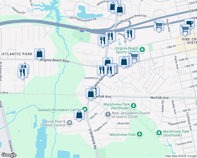map of restaurants, bars, coffee shops, grocery stores, and more near 145 North Birdneck Road in Virginia Beach