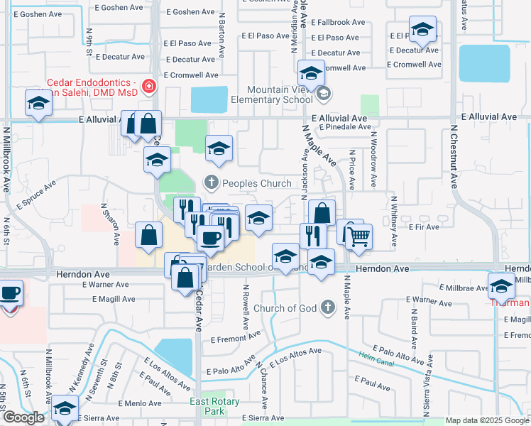 map of restaurants, bars, coffee shops, grocery stores, and more near 1834 East Fir Avenue in Fresno