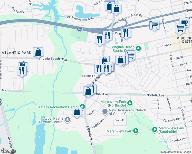 map of restaurants, bars, coffee shops, grocery stores, and more near 145 North Birdneck Road in Virginia Beach