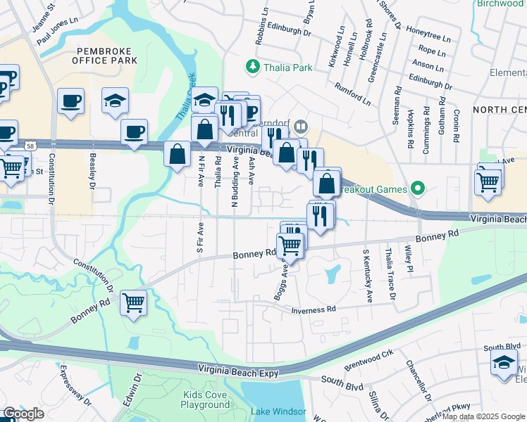map of restaurants, bars, coffee shops, grocery stores, and more near 4250 Thalia Station Circle in Virginia Beach
