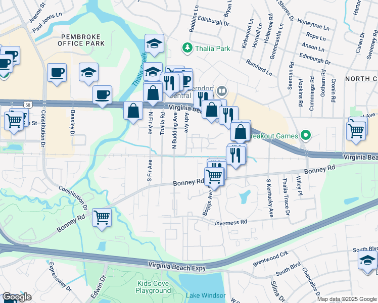 map of restaurants, bars, coffee shops, grocery stores, and more near 4250 Thalia Station Circle in Virginia Beach