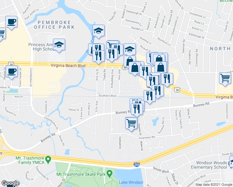 map of restaurants, bars, coffee shops, grocery stores, and more near 4250 Thalia Station Circle in Virginia Beach