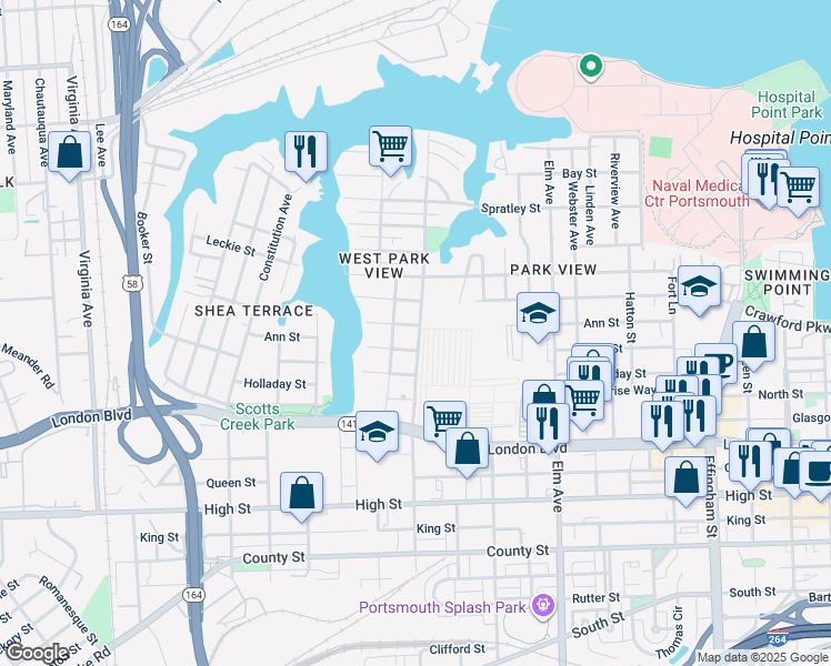 map of restaurants, bars, coffee shops, grocery stores, and more near 260 Peninsula Avenue in Portsmouth