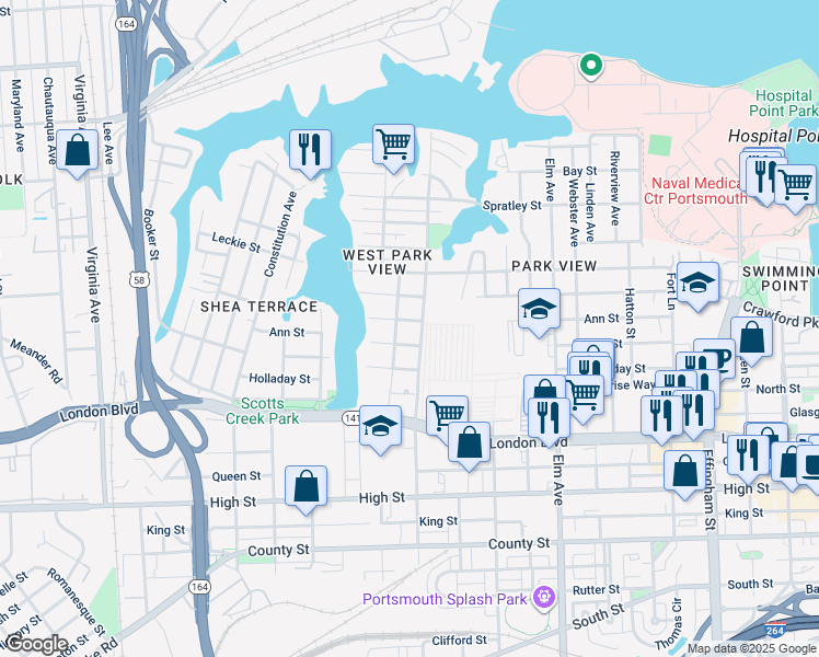 map of restaurants, bars, coffee shops, grocery stores, and more near 1600 Bain Street in Portsmouth