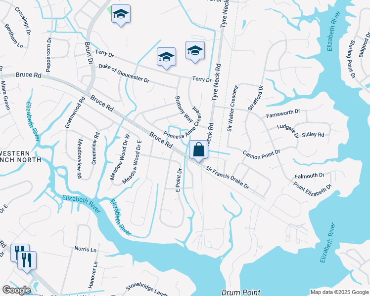 map of restaurants, bars, coffee shops, grocery stores, and more near 2909 Princess Anne Court in Chesapeake