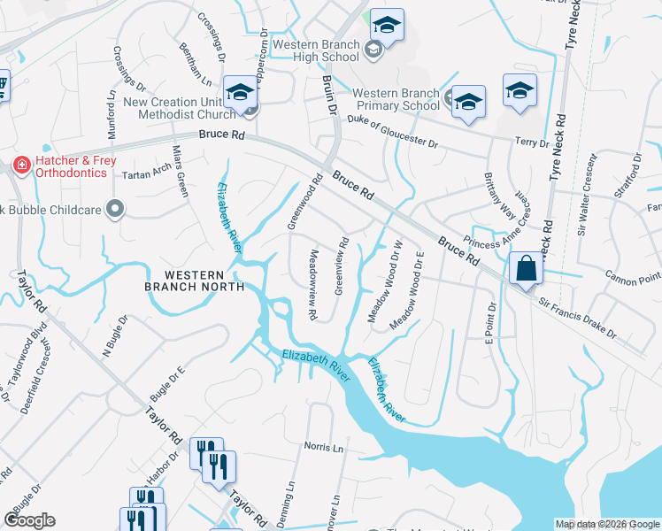 map of restaurants, bars, coffee shops, grocery stores, and more near 2849 Greenview Road in Chesapeake