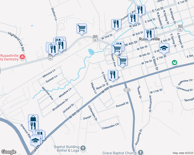 map of restaurants, bars, coffee shops, grocery stores, and more near 712 West 7th Street in Russellville