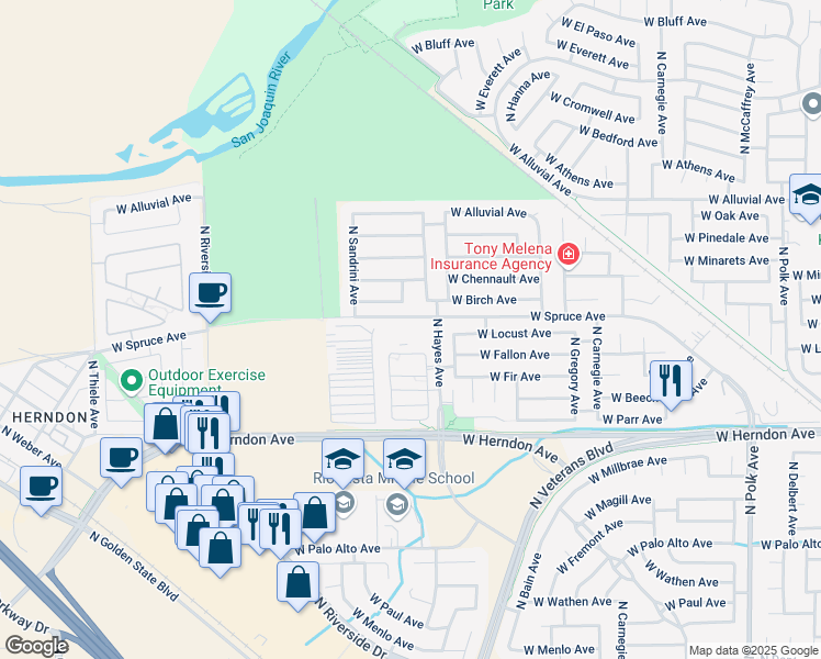 map of restaurants, bars, coffee shops, grocery stores, and more near 6161 West Spruce Avenue in Fresno