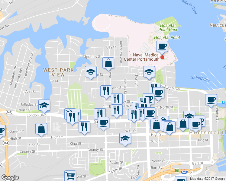 map of restaurants, bars, coffee shops, grocery stores, and more near 271 Webster Avenue in Portsmouth