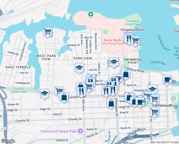 map of restaurants, bars, coffee shops, grocery stores, and more near 271 Webster Avenue in Portsmouth