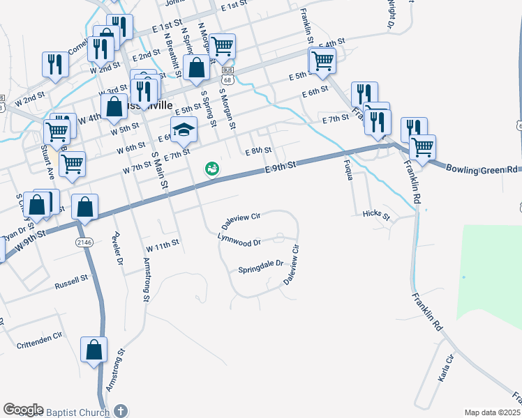 map of restaurants, bars, coffee shops, grocery stores, and more near 118-142 Daleview in Russellville