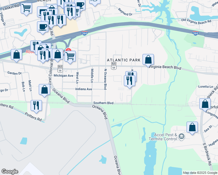 map of restaurants, bars, coffee shops, grocery stores, and more near 202 North Oceana Boulevard in Virginia Beach