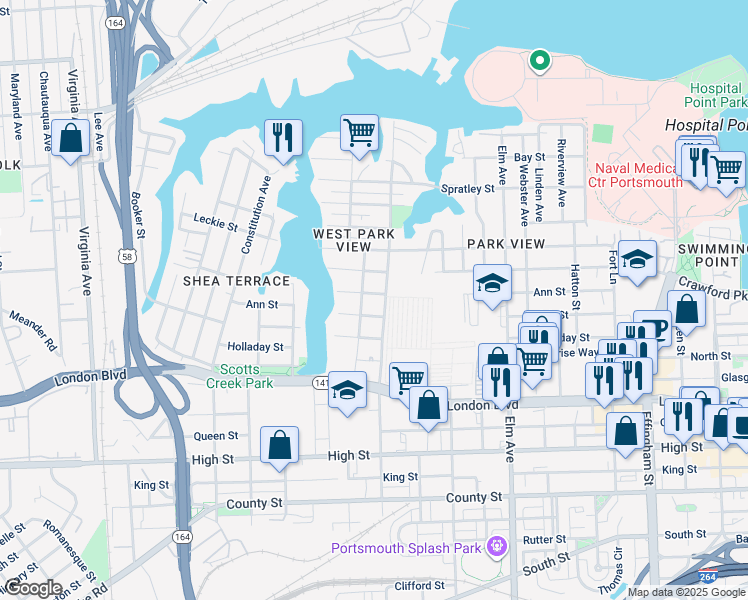 map of restaurants, bars, coffee shops, grocery stores, and more near 1600 Bain Street in Portsmouth