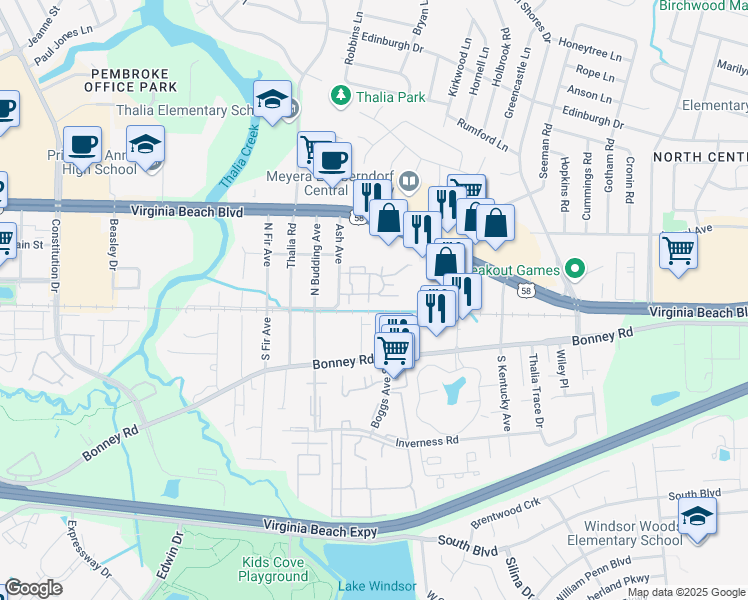 map of restaurants, bars, coffee shops, grocery stores, and more near 4208 Thalia Station Circle in Virginia Beach