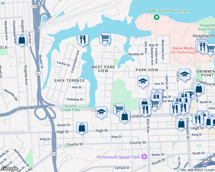 map of restaurants, bars, coffee shops, grocery stores, and more near 1625 Ann Street in Portsmouth