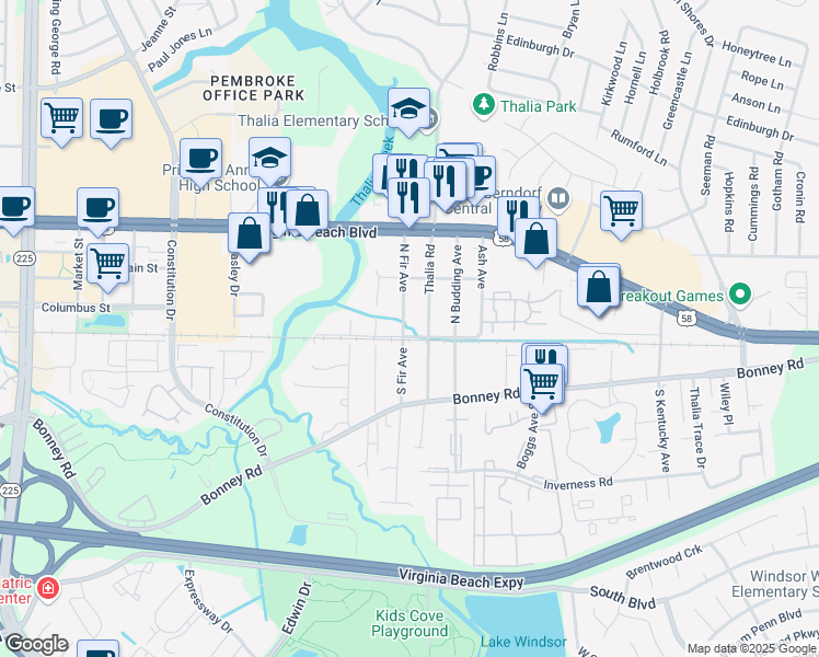 map of restaurants, bars, coffee shops, grocery stores, and more near 102 North Fir Avenue in Virginia Beach