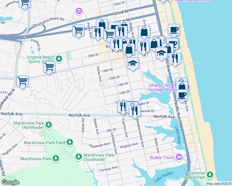 map of restaurants, bars, coffee shops, grocery stores, and more near 1300 Cypress Avenue in Virginia Beach