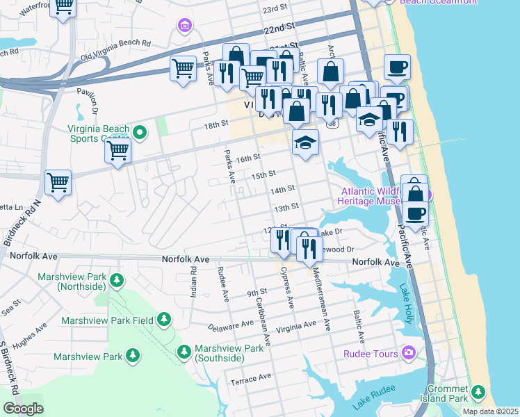 map of restaurants, bars, coffee shops, grocery stores, and more near in Virginia Beach