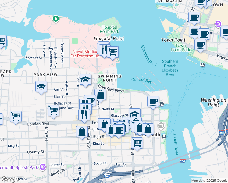 map of restaurants, bars, coffee shops, grocery stores, and more near 315 Worthington Square in Portsmouth