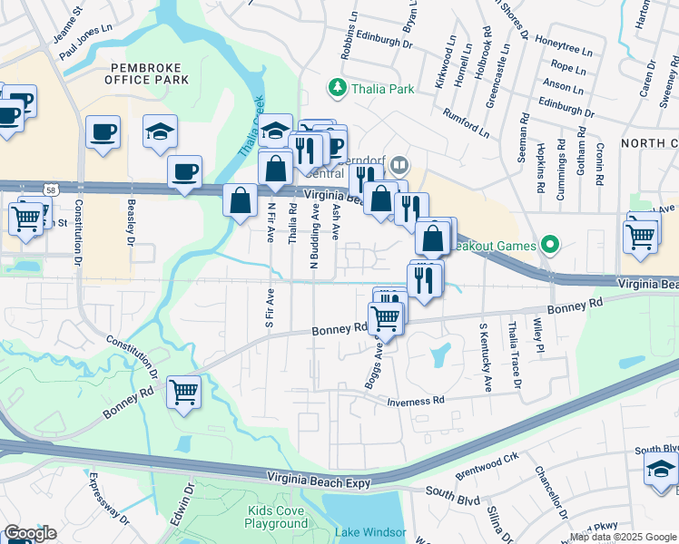 map of restaurants, bars, coffee shops, grocery stores, and more near 330 Thalia Station Court in Virginia Beach