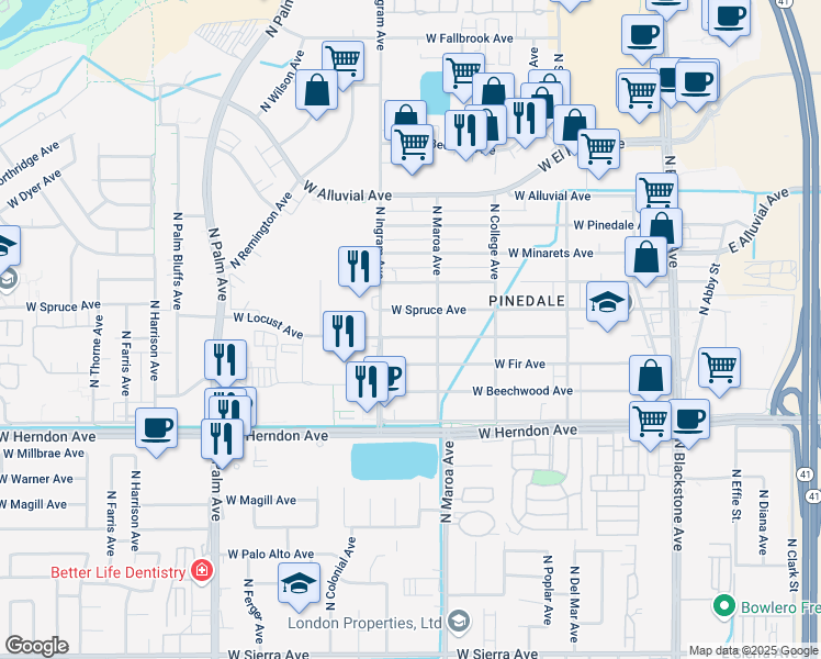 map of restaurants, bars, coffee shops, grocery stores, and more near 436 West Locust Avenue in Fresno