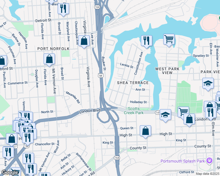 map of restaurants, bars, coffee shops, grocery stores, and more near 247 Plover Drive in Portsmouth